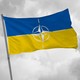 The Ukrainian flag with the NATO insignia impressed on it