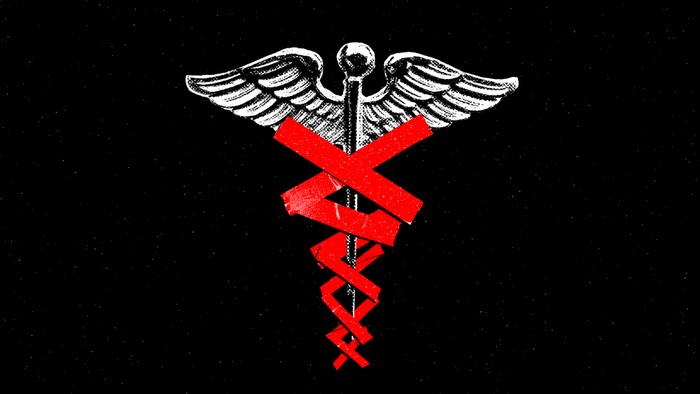 Red tape surrounding a medical symbol
