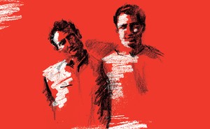 black and white sketch of Kerouac and Cassady on red background