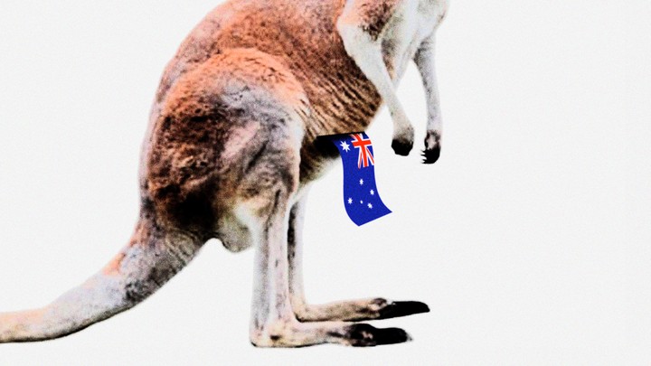 The lower half of a kangaroo's body with an Australian flag hanging out of its front pouch