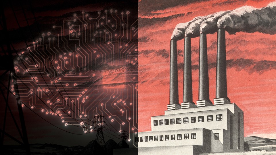 Image split down the middle. To the left, a network of nodes connected in the shape of a brain, to the right, smokestacks.