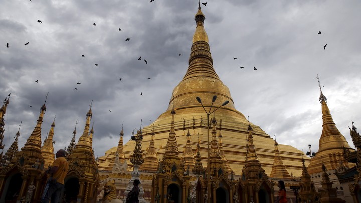 The Shwedagon Pagoda in Yangon, Burma, on a cloudy day