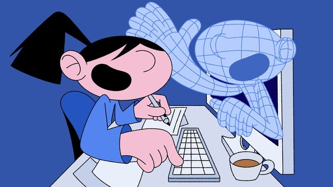 An illustration of a woman at her desk in front of a computer, with a humanoid AI coming out of the screen