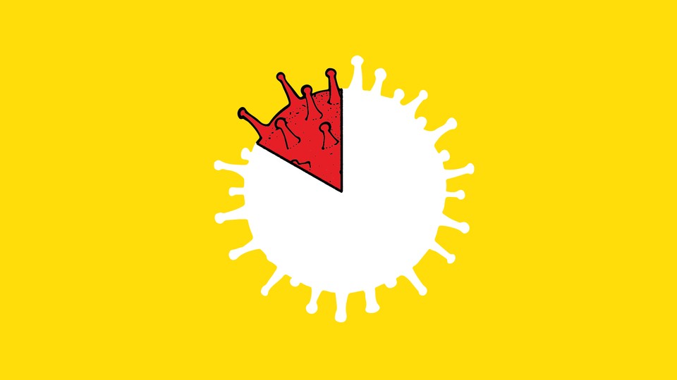 an illustration of a white coronavirus particle, with one triangular slice that is red, against a yellow background