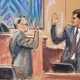 courtroom sketch of Sam Bankman-Fried with judge and lawyer