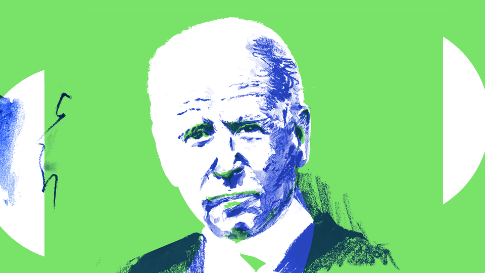 A pencil illustration of Joe Biden on a green background