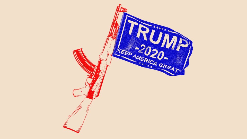 An illustration of a firearm and a Trump 2020 flag.