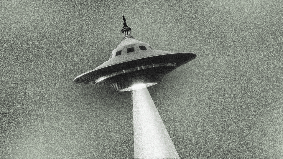 An illustration of the classic image of the UFO, as a flying saucer