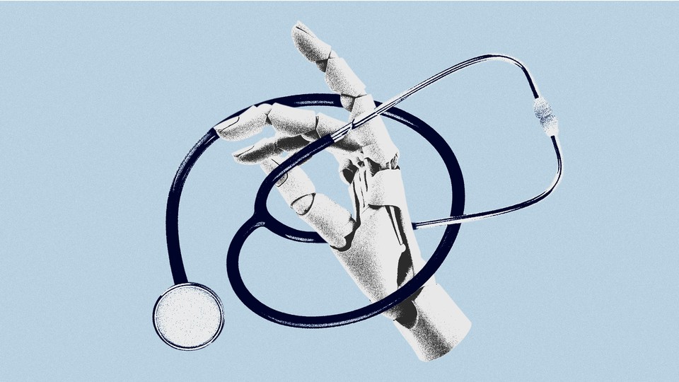 An illustration of a robotic hand wrapped in a stethoscope