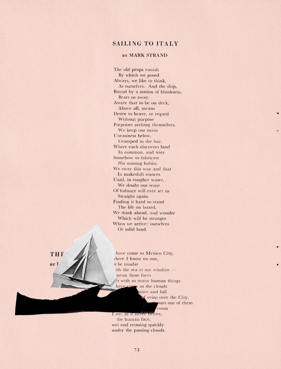 The original magazine page with a sailboat and black waves pasted on