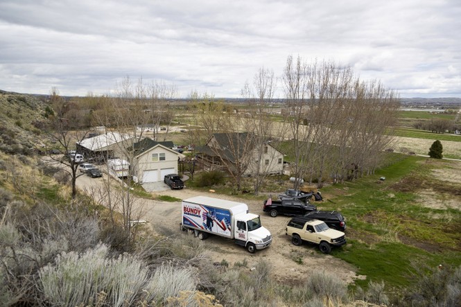 Picture showing supporters gathering on the property of Ammon Bundy after law enforcement officers attempted to arrest Bundy on a misdemeanor warrant for contempt of court earlier in the day, on Monday, April 24, 2023, in Emmett, Idaho. 