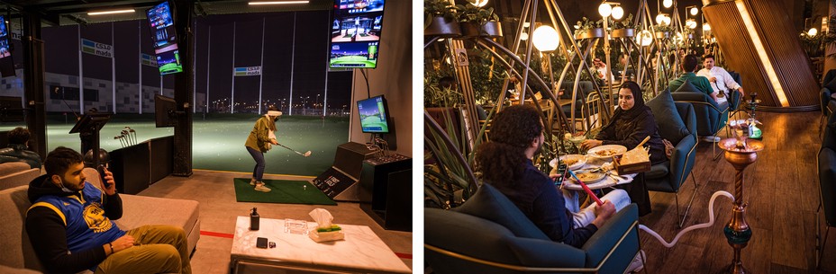 2 photos: a man prepares to swing at a golf driving range; a couple sit in large chairs at a fancy restaurant table with a hookah