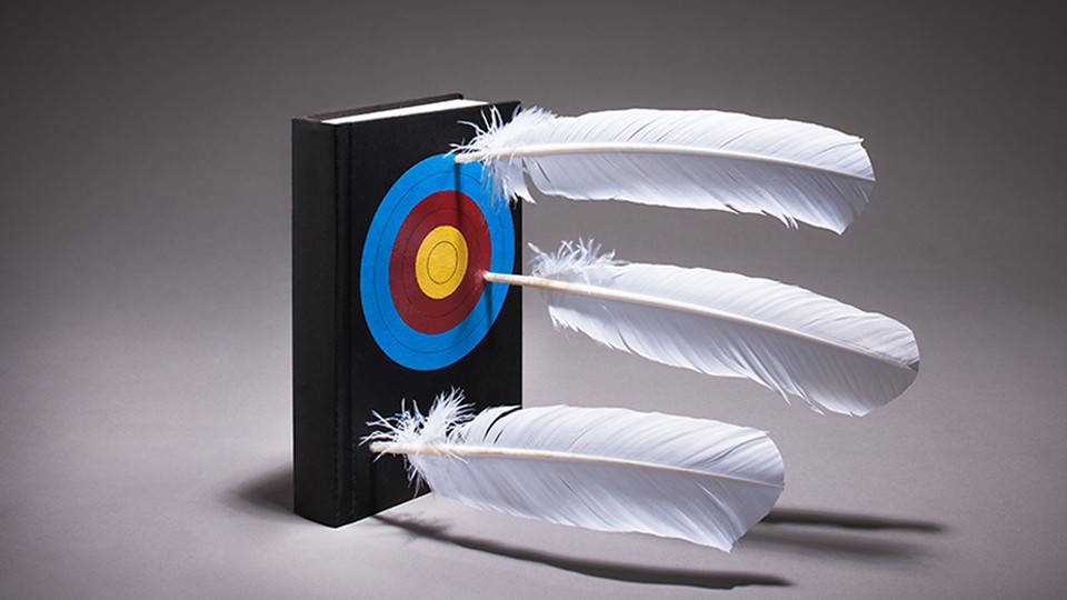 Feathers lodged in a book with a target painted on the cover.