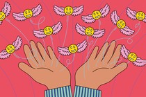 Winged smiley faces flying out of a person's open palms