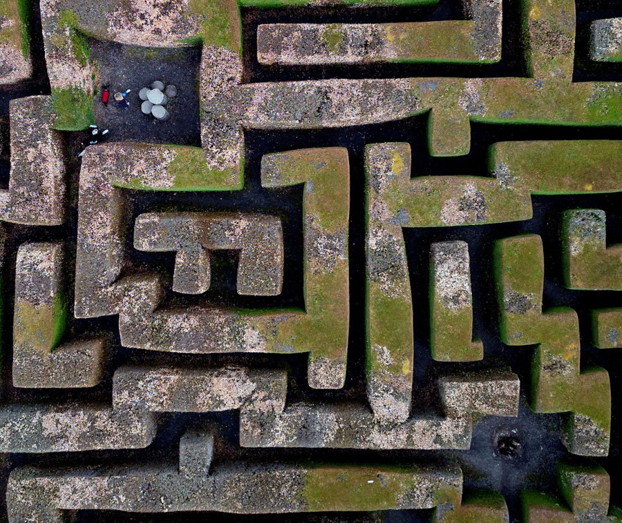 An aerial view of people walking through a hedge maze
