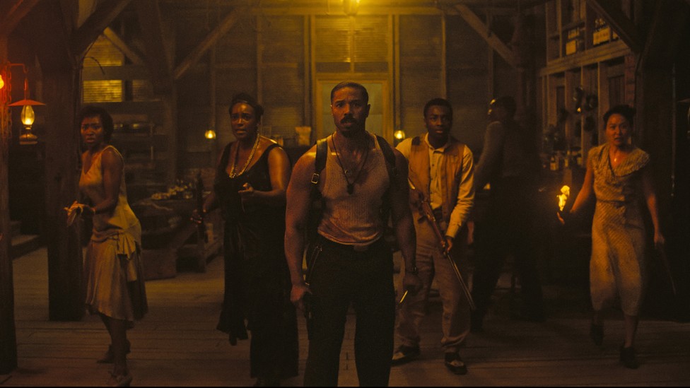 Six black characters (three men and two women) spread out standing in a a room with weapons covered in sweat and gore dressed in 1930s clothing.