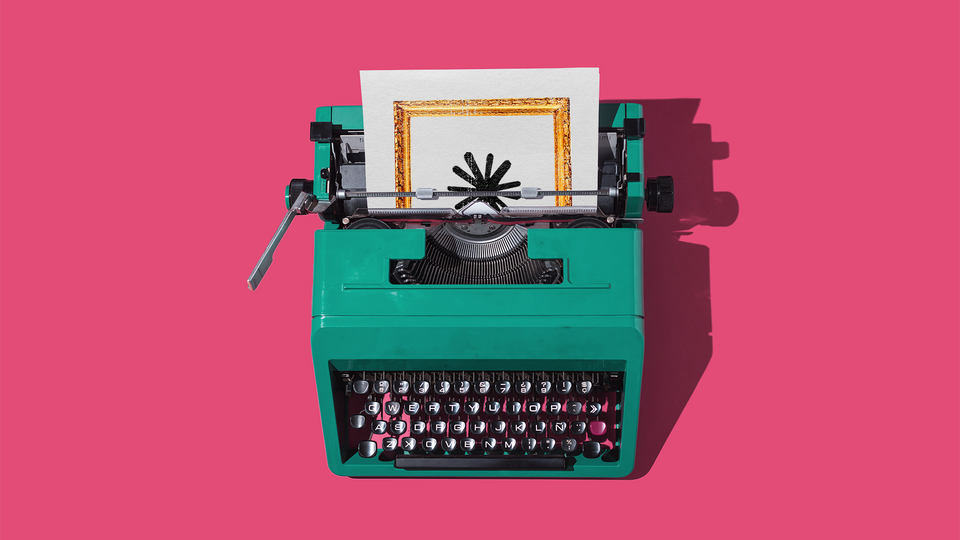 A green typewriter printing out a piece of paper with Anthropic's logo, which resembles an asterisk, inside of a painting frame