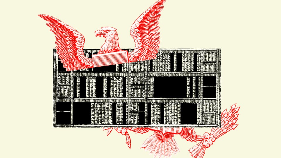 Illustration of an eagle in front of shelves of books