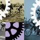 three photos of people riding bicycles with drawings of gears overlaying them