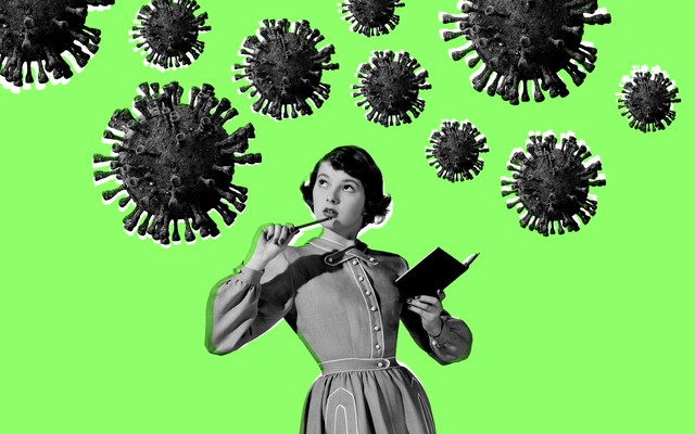 A photo illustration of a girl wondering with a pencil and a notebook in hand, looking at coronavirus particles floating around her.