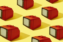 Rows of multiple red retro TVs with a yellow background