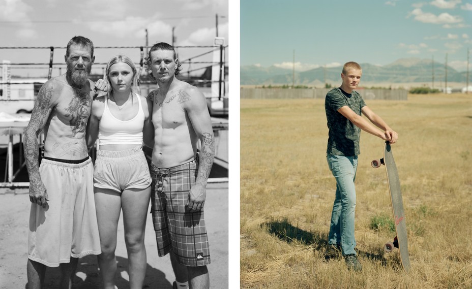 2 photos: woman in shorts flanked by 2 shirtless men in front of boxing ring; boy holding skateboard in field with mountains in distant background