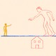 An illustration a small figure and a larger figure pointing at each other, both standing on a line balanced on the pointed roof of a house