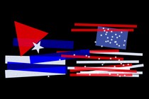An illustration of the Cuban and American flags next to each other, with the pieces falling apart