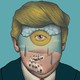 Trump head with a single eye and followers walking toward it