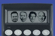 A calculator in front of a blue background with the faces of Elon Musk, Larry Ellison, Mark Zuckerberg, and Jeff Bezos on it’s screen