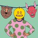 An illustration of Halloween masks hanging from a clothesline. A person is standing behind a smiley-face mask hanging from the clothesline.