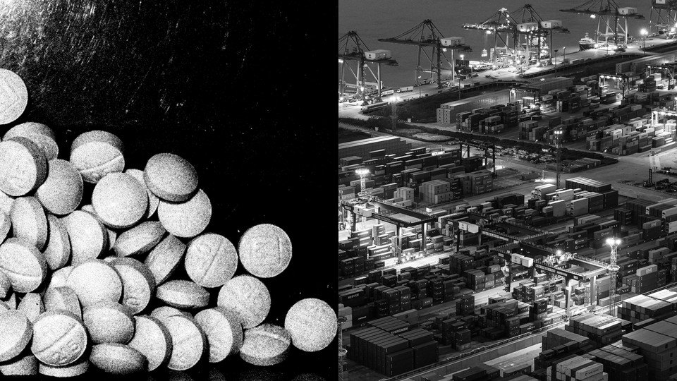 A photo-illustration showing pills and a port