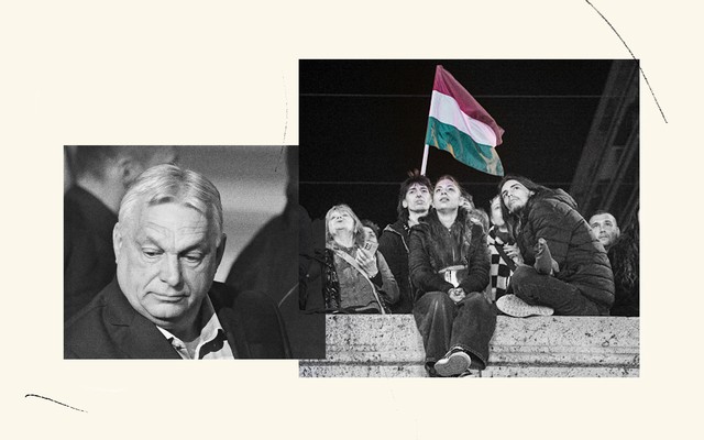 A collage of two photos, an older man on the left and young people holding up a Hungarian flag on the right.