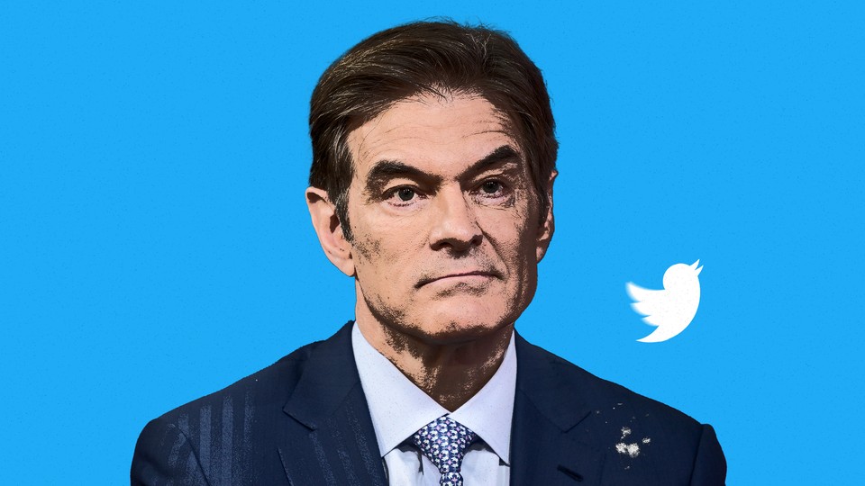 Dr. Mehmet Oz with Twitter’s logo hovering just above his left shoulder. Some white specks dot that side of his suit jacket.