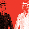 illustration of mirror images of man in suit and fedora facing each other in black and white on red background