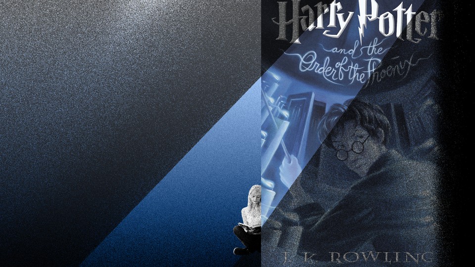 An illustration of 'Harry Potter and the Order of the Phoenix' with a beam of light shining on a reader
