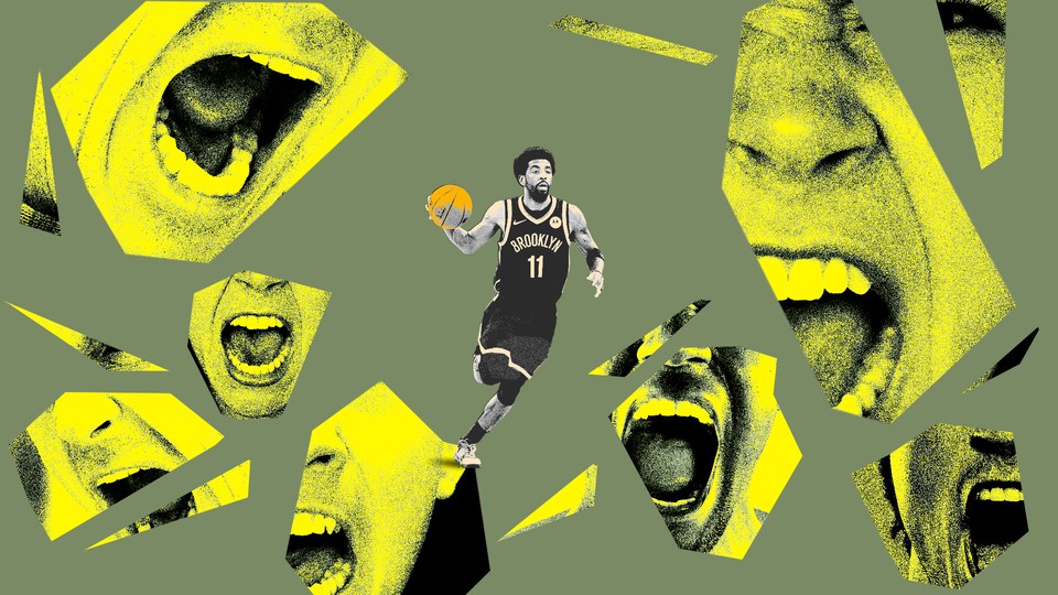 A Brooklyn Nets basketball player surrounded by screaming mouths