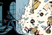 comic-book-style illustration of masked figure in all black smashing a glass case with a crowbar, with trophies, rings, belts, and shirts flying out
