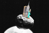 Illustration of the Statue of Liberty, Empire State Building, and Chrysler Building balanced on a small asteroid