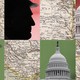 Images of Donald Trump's silhouette and the U.S. Capitol overlayed on a world map