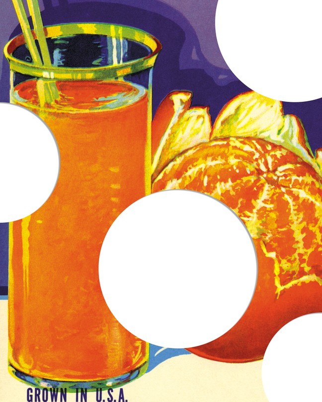 A retro illustrated advertisement for orange juice "grown in the U.S.A.," featuring a tall glass of juice with a straw and a partially peeled orange.