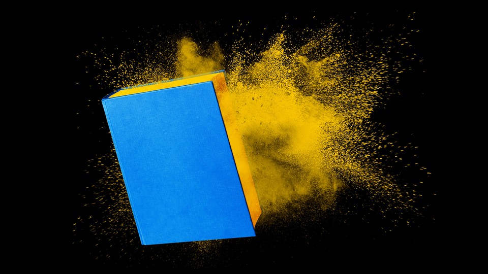 An illustration of a blue-and-yellow book disintegrating