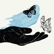 An illustrated hand catching a butterfly