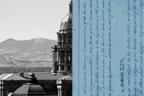 A building and mountains, with the text of the Constitution overlaid