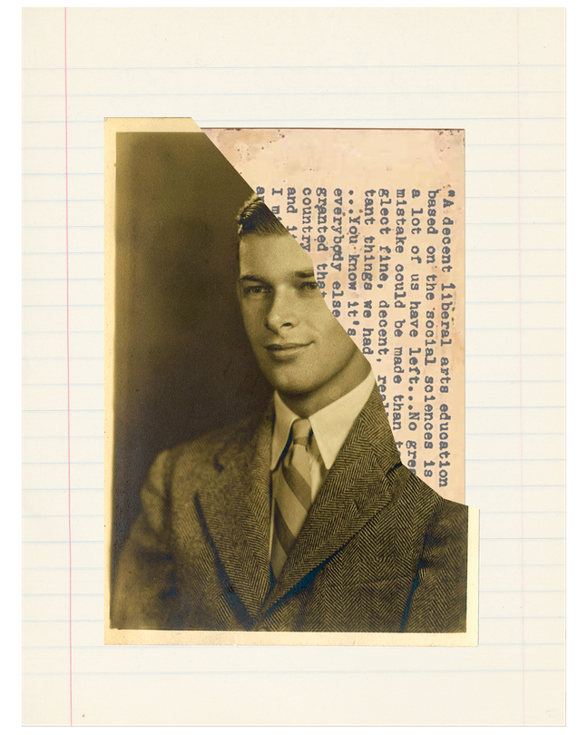 a collaged photo-illustration with a black-and-white photo of young man in suit and tie over a typewritten letter and a yellowed piece of college-rule notebook paper