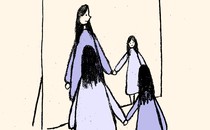 Drawing of a woman and a young girl with similar body shapes, both wearing purple dresses, holding hands in front of a mirror