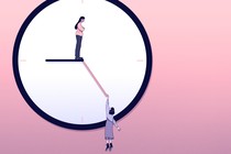 An illustration of a woman standing at the center of a clock, peering down at another woman hanging onto the second hand of the clock.