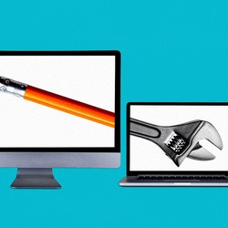 A collage image of two computers; the one on the left shows the eraser-end of a pencil, and the one on the right shows the head of a wrench