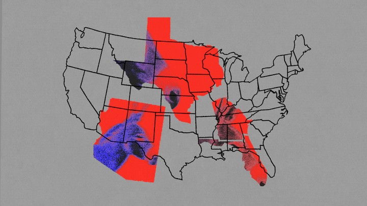 A map of the United States with overlaid political imagery