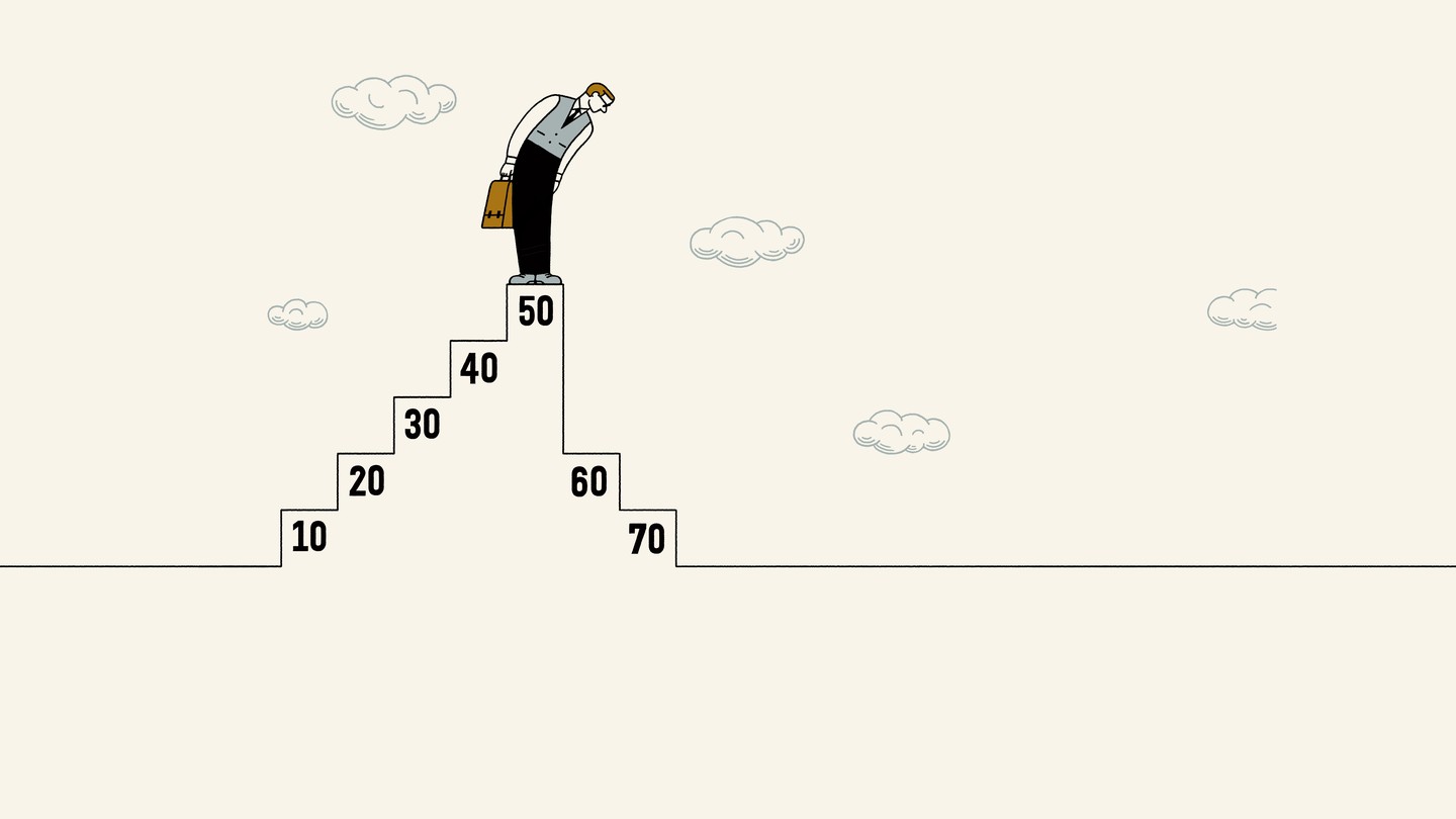 An illustration of someone standing atop a numbered staircase that goes back down after "50"